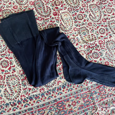 Deco era navy blue silk thigh high stockings | vintage ‘30s over the knee hose, back seam, reinforced Cuban heel, @9 