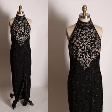 1980s 1990s Black and Silver Beaded Floral Beaded Sleeveless Full Length Formal Prom Dress by Papell Boutique Evening -S 