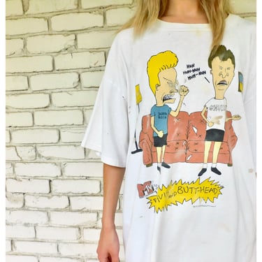Beavis & Butthead Shirt // vintage 1993 90s white distressed USA tee t-shirt t top blouse oversize MTV huh // O/S 