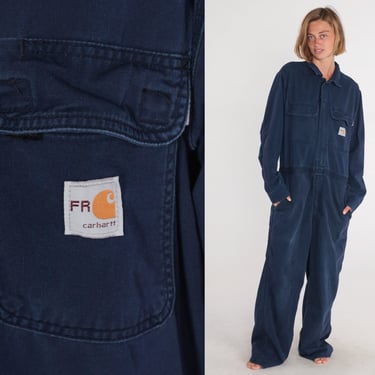 Carhartt Coveralls 90s Navy Blue Jumpsuit Long Sleeve Boilersuit Overalls Baggy Work Wear Pants Workwear Utility Vintage Men's Large 44 