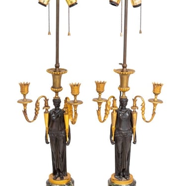 Pair of Restauration Bronze Figural Candelabra Lamps
