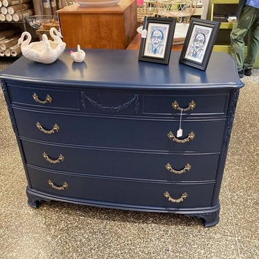 Navy blue painted regency style 4 drawer chest. 48” x 22” x 35” 