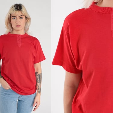 Red T-Shirt 80s Henley Tee Retro Basic Plain Tshirt Button up Top Simple Solid Shirt Single Stitch Short Sleeve Vintage 1980s Extra Small xs 