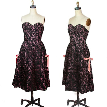 1950s Dress ~ Pink and Black Lace Strapless Sweetheart Pink Bow Cocktail Dress 