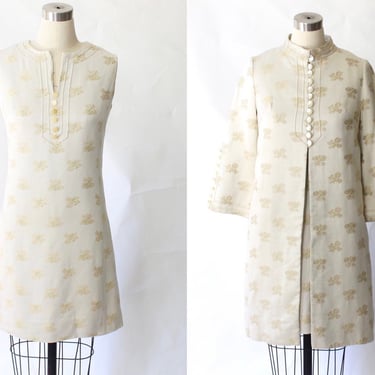 1960s Lille Ann Matching Jacquard Silk Dress and Coat Set - 60s Short Ivory Alabaster Two Piece Dress Set - Size 6 
