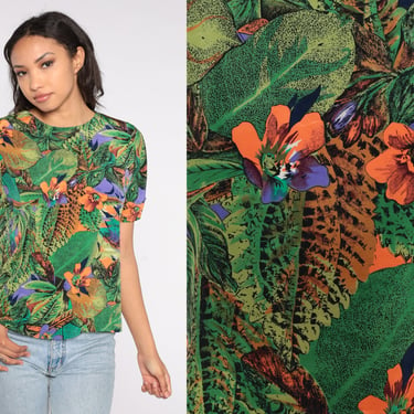 90s Tropical Floral Shirt Flower Leaf Jungle Print Blouse Graphic Tee Short Sleeve Top Boho Hippie Shirt 1990s Green Vintage Retro Small 