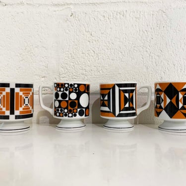 Vintage Mod Mugs Pedestal Stacking Set of 4 Cups Ceramic Brown Black Geometric Coffee Mug Tea Mid Century Retro Kitsch 1970s 