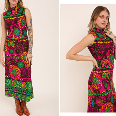 Vintage 1970s 70s Technicolor Psychedelic Floral Full Length Maxi Gown Dress w/ High Neckline, Empire Waist, Back Slit 