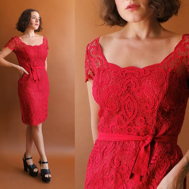 Vintage 50s Red Cutwork Sheath Dress/ 1950s Silk Linen Cap Sleeve Dress/ Size Small 