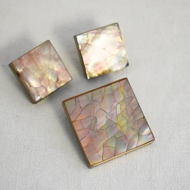 Vintage Square Inlaid Shell Slide Pendant and Pierced Earrings Set 