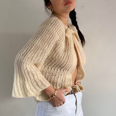 60s mohair sweater / vintage Italian ivory handknit mohair sweater open cardigan poncho | Medium 