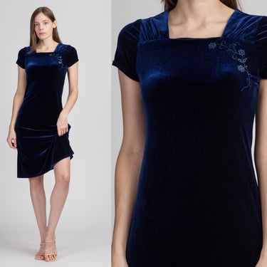 90s Navy Blue Floral Velvet Dress - Extra Small | Vintage Short Sleeve Shift Midi Dress 