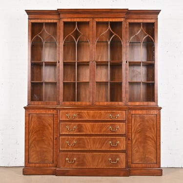 Henkel Harris Georgian Carved Flame Mahogany Lighted Breakfront Bookcase Cabinet