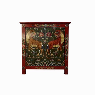 Tibetan Oriental Red Olive Green Jaguars End Table Nightstand cs7724E 