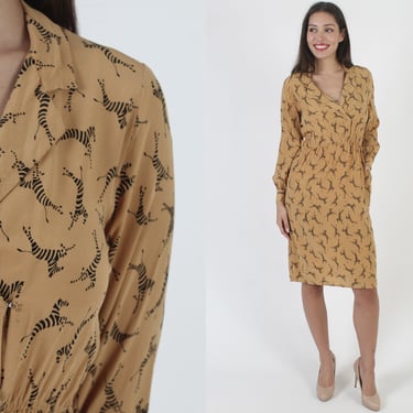 Designer Jack Mulqueen Dress With Pockets, 80s Animal Zebra Print Silk Midi, Vintage Casual All Over Print Wear To Work Outfit 