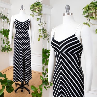 Vintage 1970s Maxi Dress | 70s Chevron Striped Black White Strappy Open Back Sleeveless Sundress | x-small/small 