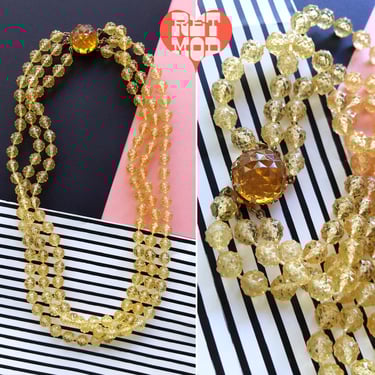 Pretty Vintage Light Gold Transparent Textured Beaded Necklace with Three Strands 