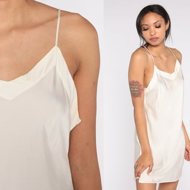 Silk Slip Dress Y2K White Slip Dress Lingerie Chemise Mini Slip V Neck Vintage 00s Spaghetti Strap Nightgown Medium 