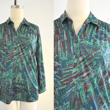 1970s Dark Green Abstract Print Blouse 