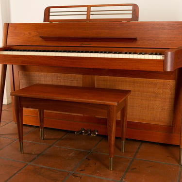 Mid-Century Modern Baldwin Acrosonic Piano with Bench in Walnut + Caning, 1960s 