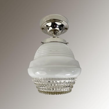 Art Deco Frosted / Clear Prismatic Lens Shade with Custom Nickel-Plated Fixture - Ready to Hang 