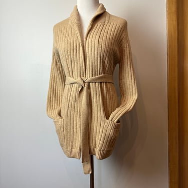 Vintage cashmere cardigan sweater belted waist Rolled collar wrap style 2 pockets light camel color  size Med/LG 36-38 