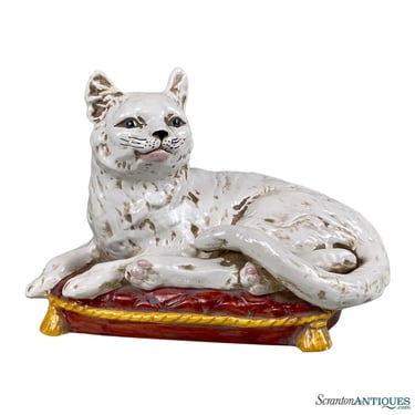 Vintage Italian Regency Porcelain White Cat on Pillow Sculpture