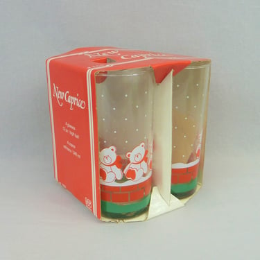 80s Christmas Glasses - Teddy Bears on Wall - Set of Four - 12 oz Highball Glass - New Caprice - New in Box - Vintage 1980s 