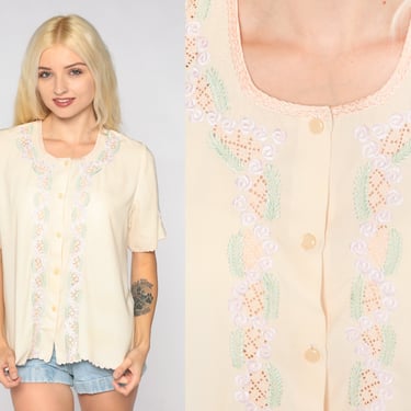 Embroidered Cutout Blouse 80s Yellow Floral Cutwork Shirt Button up Cut Out Top Short Sleeve Romantic Hippie Bohemian Vintage 1980s Medium M 