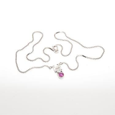 Modernist 14K White Gold Diamond Ruby Pendant Necklace, 2mm Box Chain, Estate Jewelry, 