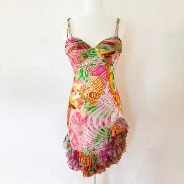 80s/90s Vibrant Abstract Ruffled Silk Cocktail Dress by Diane Freis | Small/Medium 