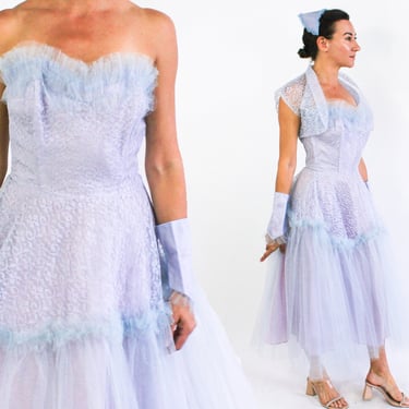 1940s Lavender Strapless Evening Dress Ensemble | 40s Pale Blue& Purple Lace Tulle Party Dress | Extra Small 