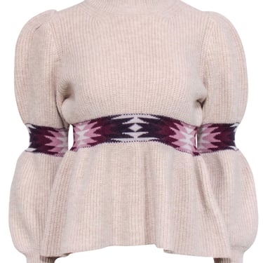 Ba&sh - Beige Wool Blend Mock Neck Peplum Sweater w/ Geometric Print Sz S