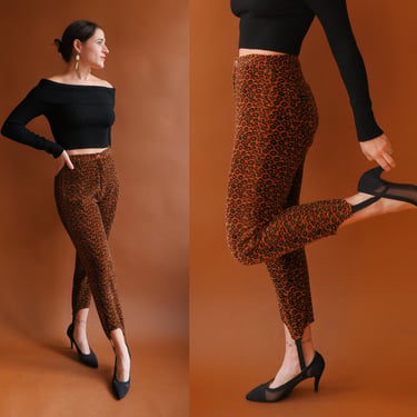 Vintage 80s Leopard Print Stirrup Corduroy Pants/ 1980s High Waisted Cigarette Pants/ Rockabilly / Size 27 