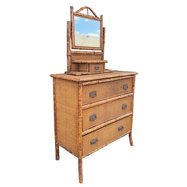 Aesthetic Movement Tortoise Bamboo & Grassmat Dresser with Vanity 