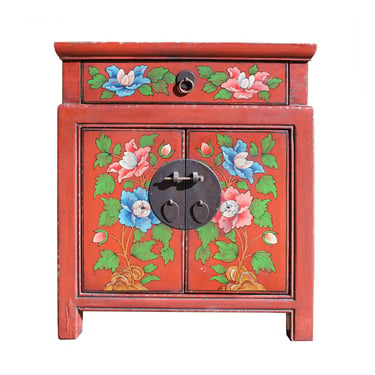 Chinese Oriental Distressed Orange Red Flower End Table Nightstand cs2299E 