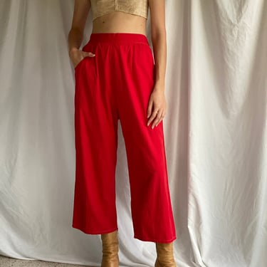1940's Cotton Trouser Pants / Red Cotton Slacks / Forties Summer Pants / Wide Leg Beach PJ Pants / Cropped Pedal Pusher Dungarees 