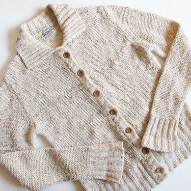 Vintage 70s Oatmeal Knit Cardigan S - 1970s Off White Marled Knitted Cozy Sweater Wood Buttons - Cottage Boho Style 