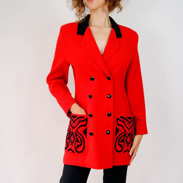 Vintage 80s Louis Feraud Red & Black Double Breasted Blazer w/ Velvet Beaded Pockets | Made in Germany | 100% Wool | 1980s Designer Jacket 