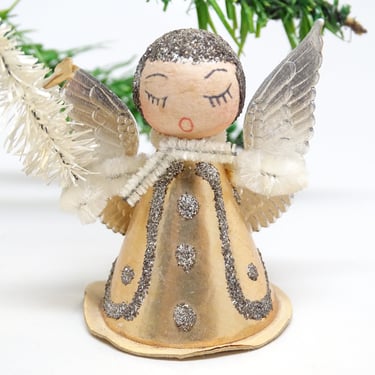 Vintage 1950's Glittered Spun Cotton Christmas Angel, for Putz or Nativity, Antique Silver Foil Paper Wings 