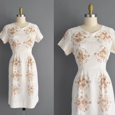 1950s vintage dress | Ivory Cotton Linen Embroidered Pencil Skirt Day Dress | Large XL | 50s dress 