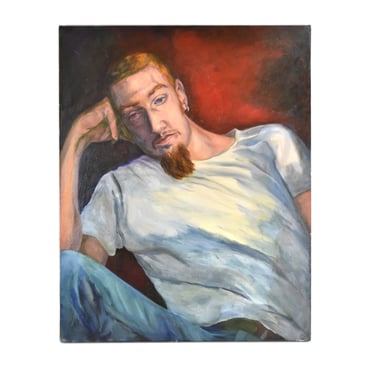 Oil Painting Portrait Young Man in T-Shirt w Goatee & Earring Lenell Chicago 