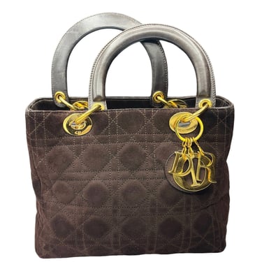 DIOR Lady Dior Authenticated Quilted Chocolate Brown Suede Cannage Tote, Authenticated