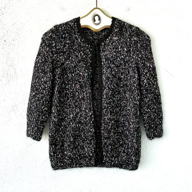 Vintage 70s 80s Metallic Fuzzy Sweater Cardigan Chunky Black Gold Angora Knit Shirt Top 