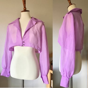 Vintage sheer purple pink long puff sleeve button up crop blouse free size 