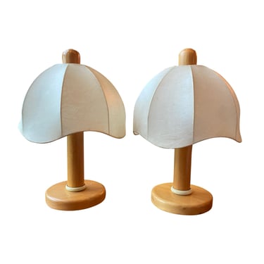Turned Beech Lamps with Parchment Shades, Italy, 1970&#8217;s