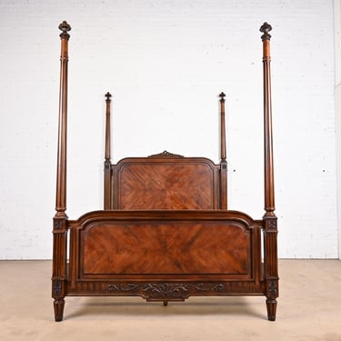 Henredon French Regency Louis XVI Carved Mahogany and Burl Wood Queen Size Poster Bed