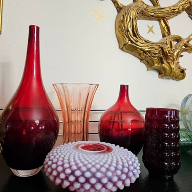 Modern Boho Maroon and Pink Glass Vase Bottle Set Decor Glassware 
