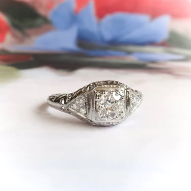 Art Deco .52 ct.t.w. Diamond Filigree Engagement Ring 18K 