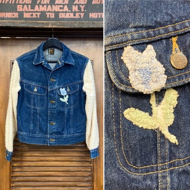 Vintage 1980’s “Lee Riders” Denim Jacket with Chenille Sleeves, 80’s Denim Jacket, 80’s Custom Vintage, 80’s Jacket, Vintage Clothing 